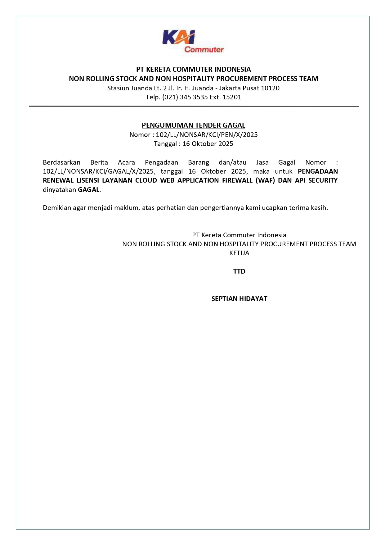 8 pengumuman tender gagal 102 pengadaan renewal lisensi layanan cloud waf dan api security page 0001